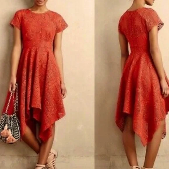 chinese dress ladies Pre-Loved Anthropologie 9-HI5 StCL Women's Stripe Lace Midi Dress Coral  Size XS  Elle & Beck